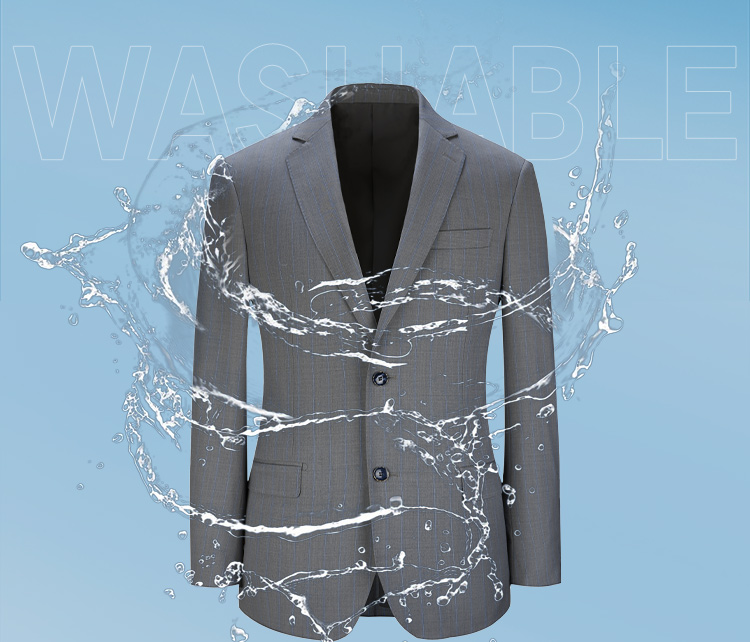 灰色条纹平驳领羊毛可机洗西服二件套装
