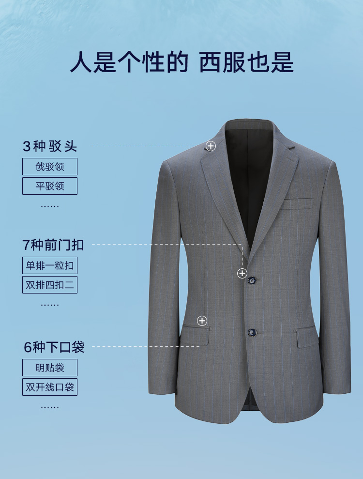 灰色条纹平驳领羊毛可机洗西服二件套装