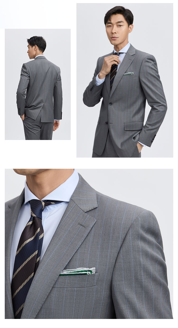 灰色条纹平驳领羊毛可机洗西服二件套装