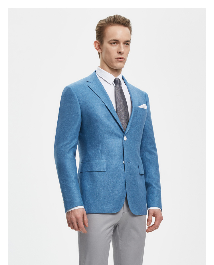 湖蓝色人字纹平驳领真丝精品时尚西装上衣