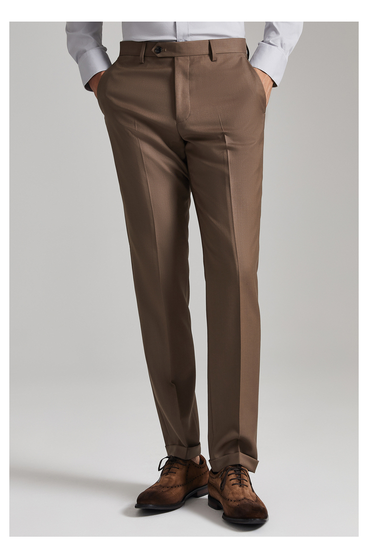 灰褐色尖宝剑头全羊毛自然弹西裤