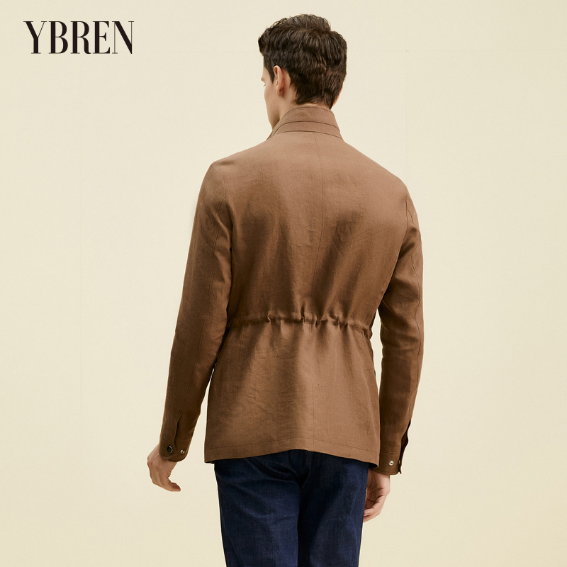 棕色立领全亚麻精品夹克上衣