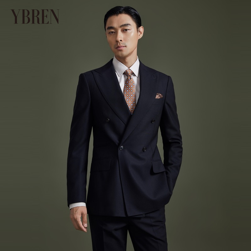 黑色戗驳领双排扣全羊毛商务西服二件套