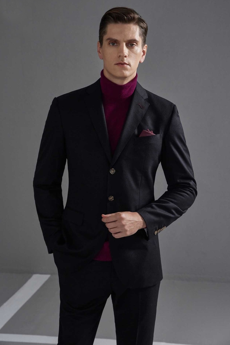 Black Flannel 100%Wool Two-Piece Suit