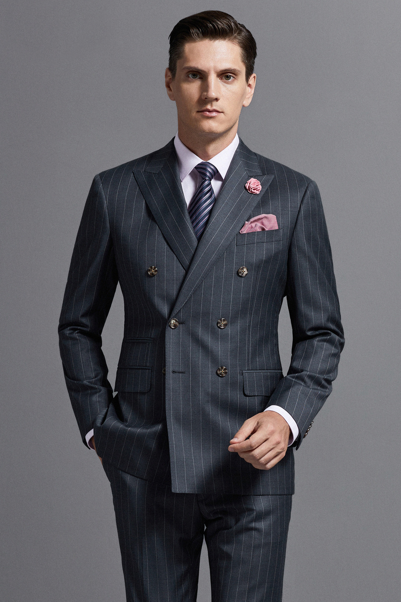 Grey Striped Double-Breasted Two-Piece Suit