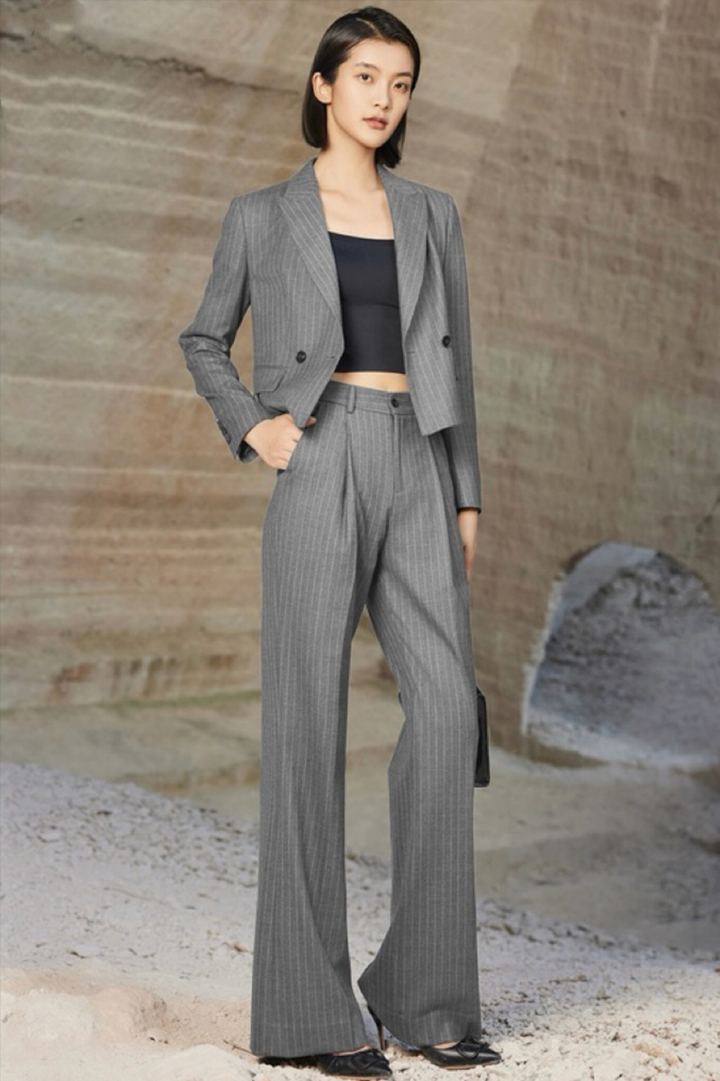 Pinstripe Cropped‑Blazer Wide‑Leg Two‑Piece Suit